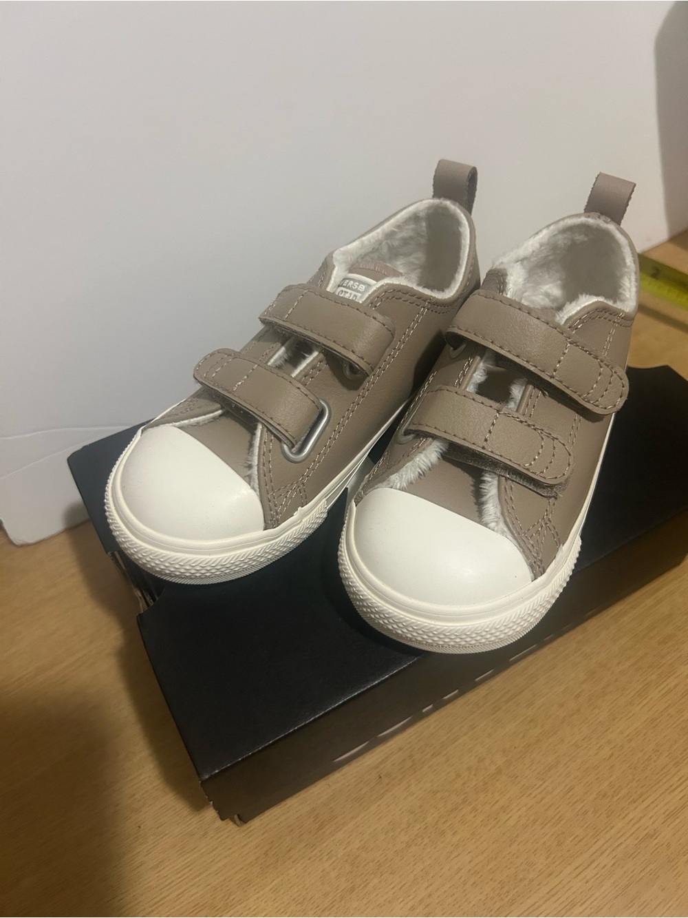 Converse Kids Taupe and White Velcro Sneakers with Plush Lining